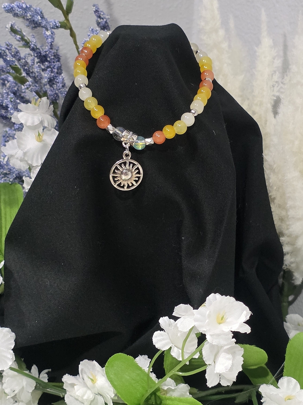 Hand Crafted Sunburst Bracelet in Yellow, Orange & White